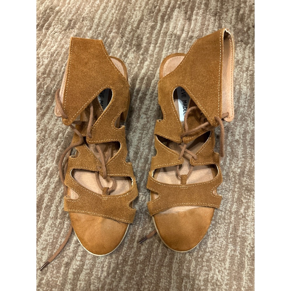 Steve Madden Hayylo Lace‎ Up Gladiator Sandals Suede Heels Brown Cutout 8.5M